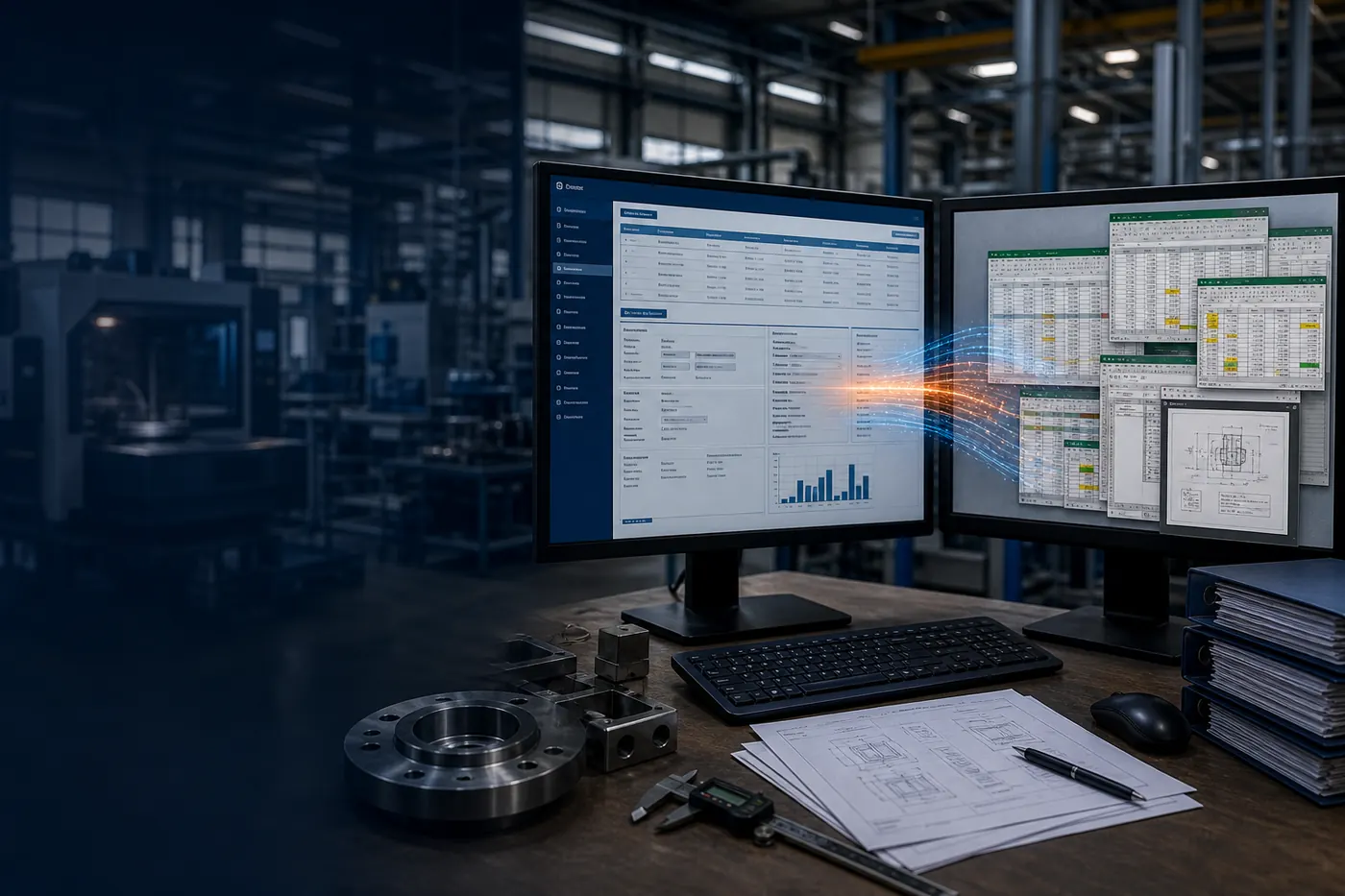 ERP-Software und Excel-Tabellen am Arbeitsplatz — Prozesslücke im Mittelstand visualisiert