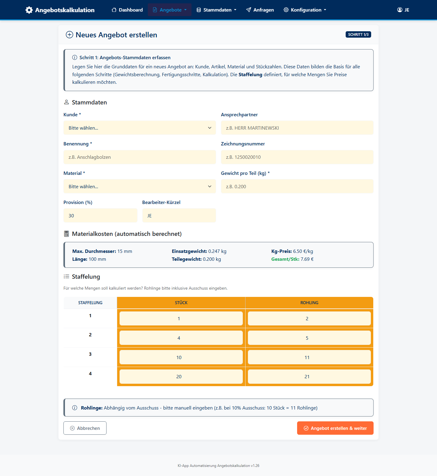 Formular zum Anlegen eines neuen Angebots mit Stammdaten und Staffelung