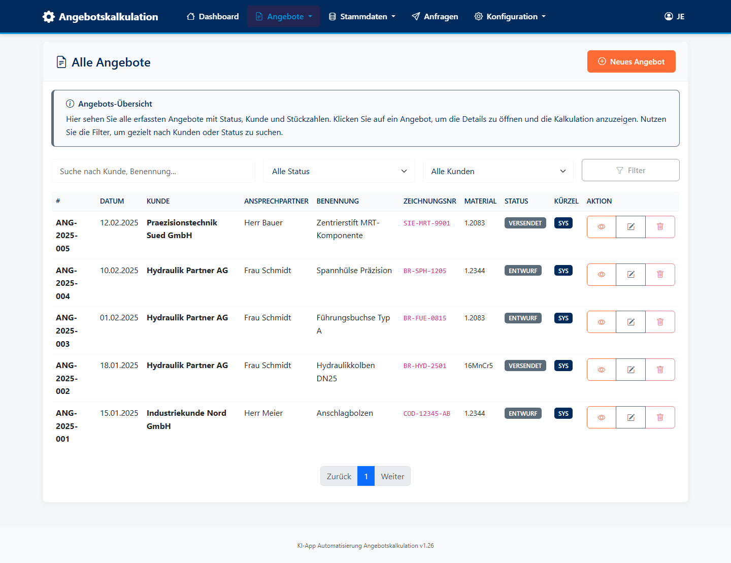 Liste aller Angebote mit Status, anonymisierten Kunden und Suchfilter