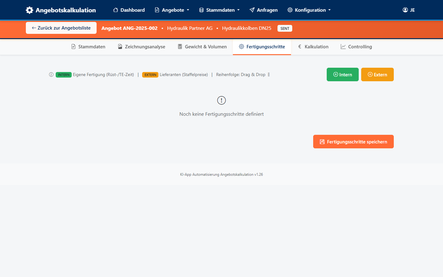 Angebots-Workspace mit Fertigungsschritten und Tab-Navigation