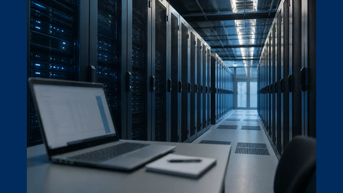 Rechenzentrumsgang mit Server-Racks und Arbeitsplatz — GPU-Hosting als kontrollierte Infrastruktur