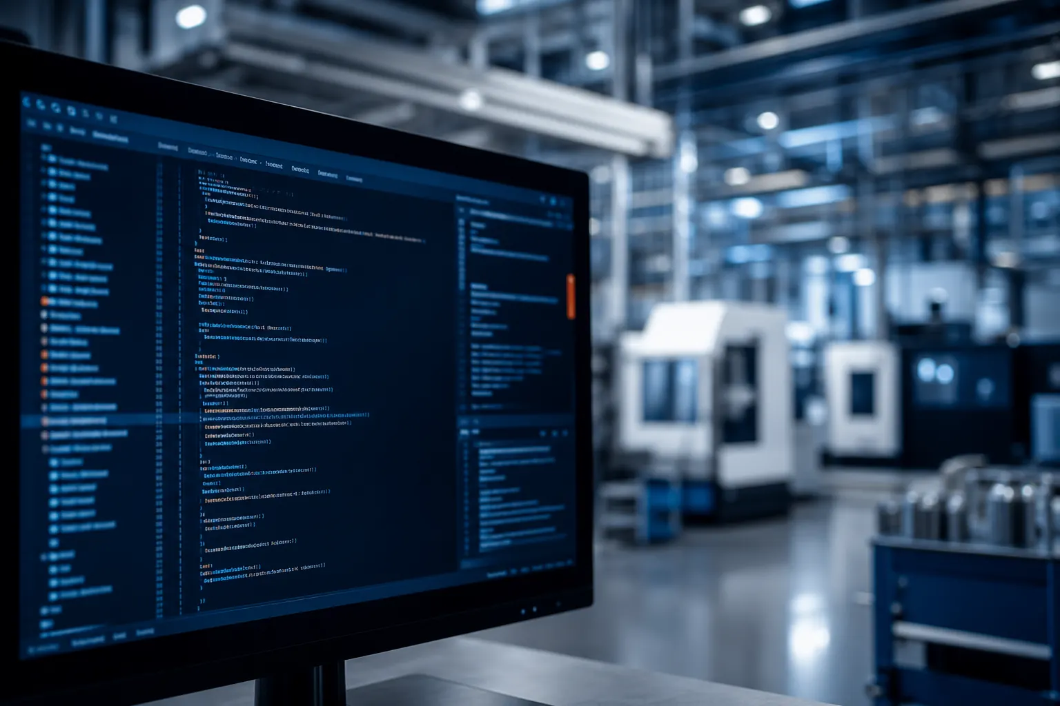 KI-gestützte Softwareentwicklung im industriellen Umfeld — Code-Editor und Produktionshalle