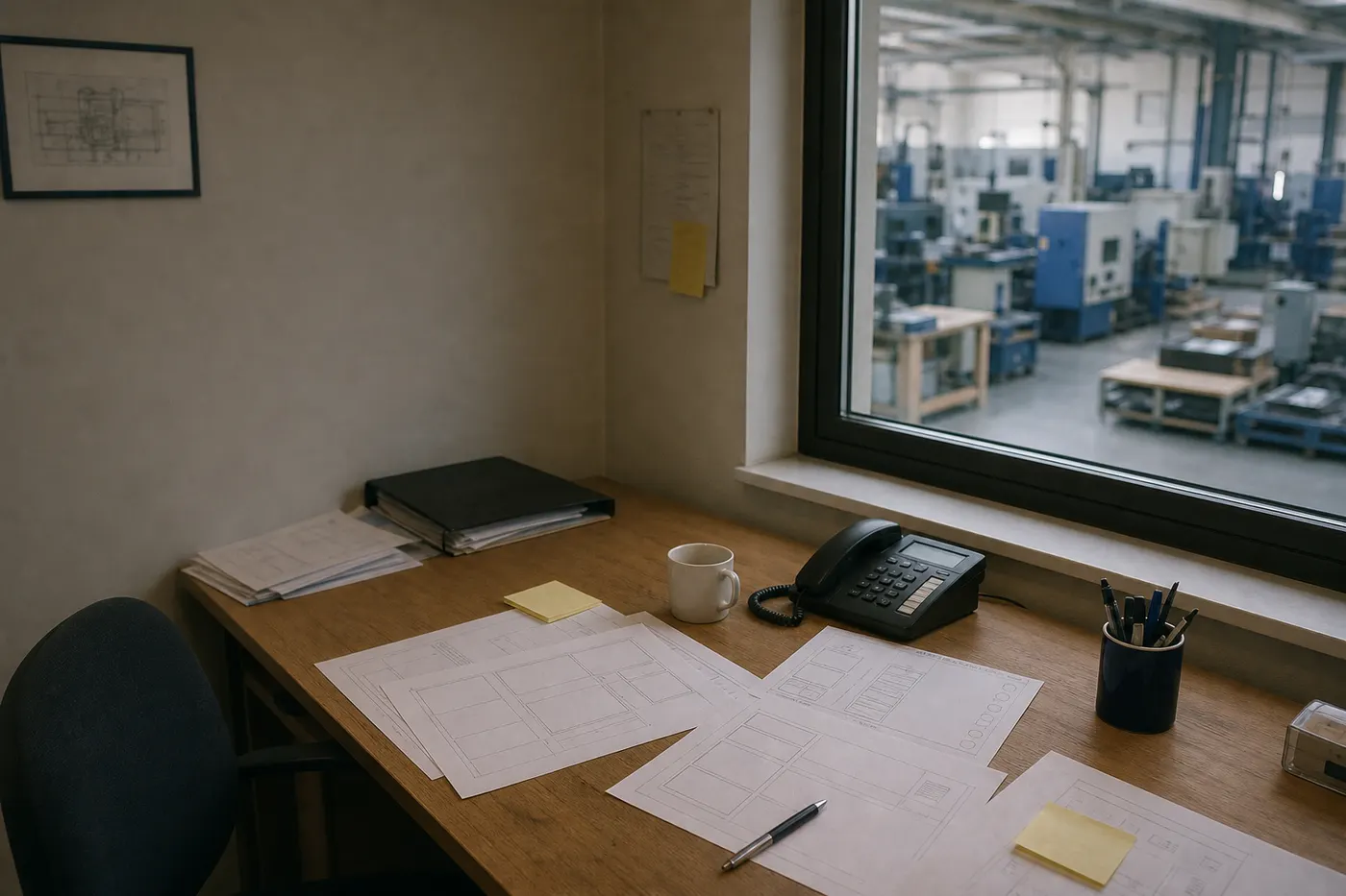 Büro im Maschinenbau-KMU mit Blick in die Fertigung — KI-Chance ohne große IT-Abteilung